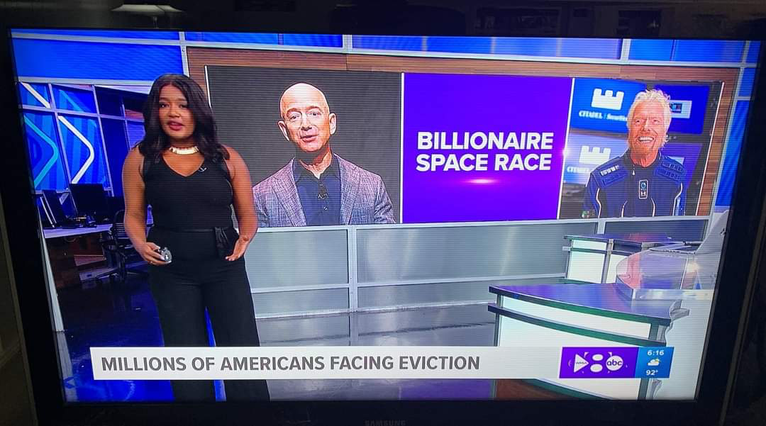 abc news showing story on billionaire space race and lower third describing millions facing eviction