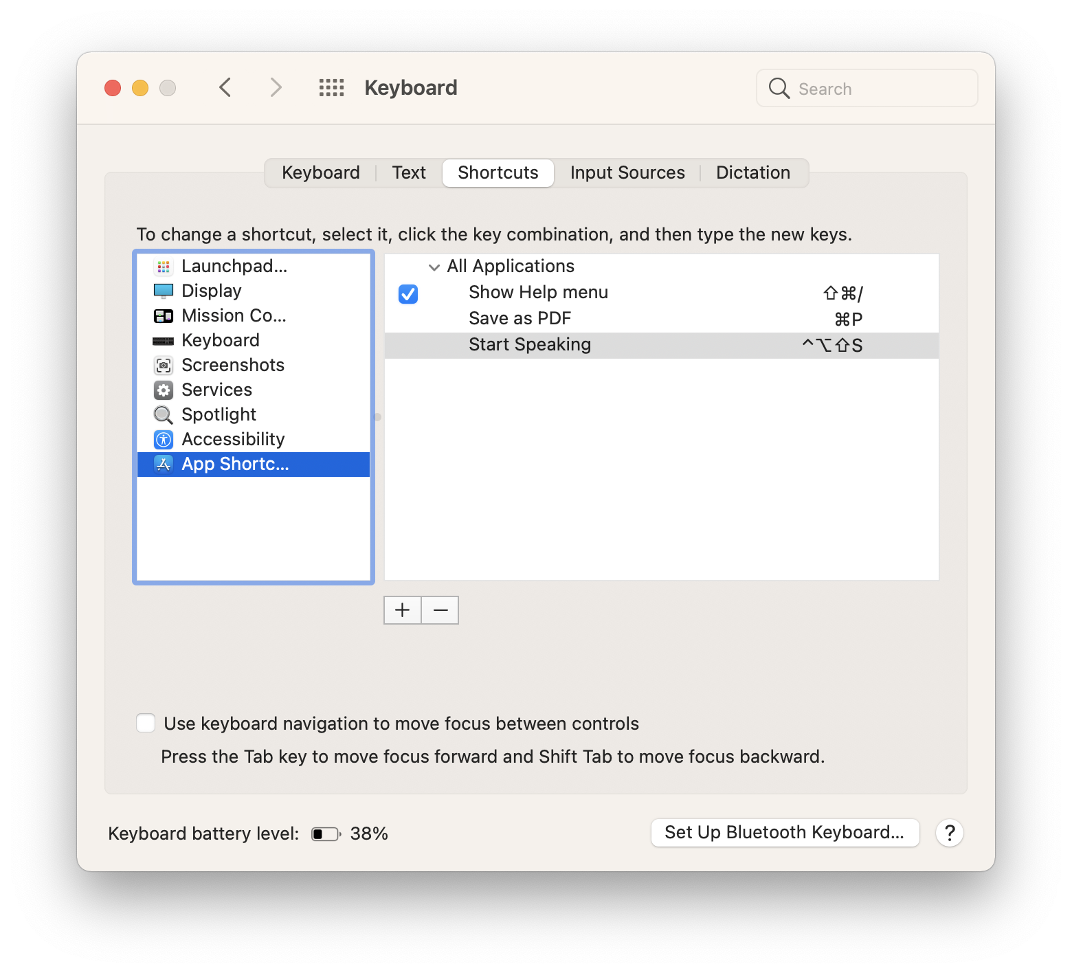 keyboard settings screen showing custom keyboard shortcuts